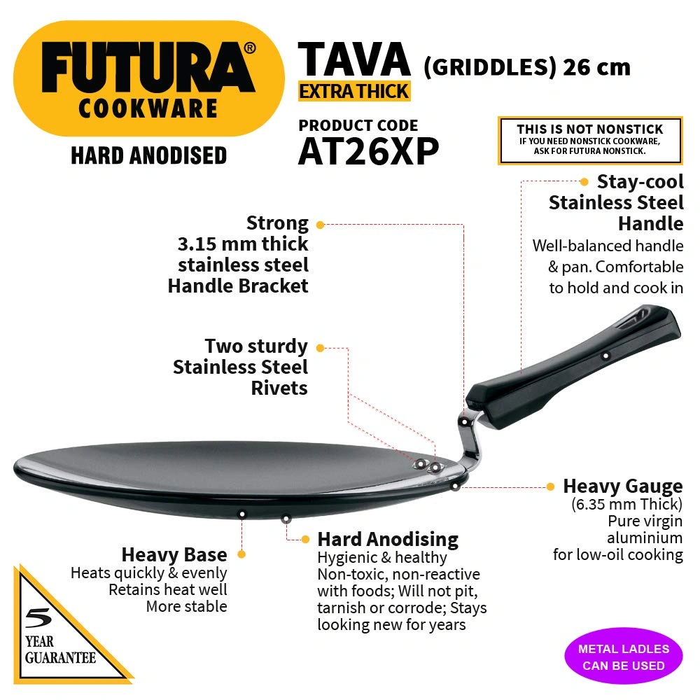 Hawkins Futura Hard Anodised Tawa with Plastic Handle, 26cm (L57)-26cm-2