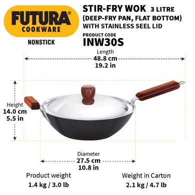 Hawkins Futura Non-Stick Stir-Fry Wok 3 Litre with Stainless Steel lid - IQ74-3