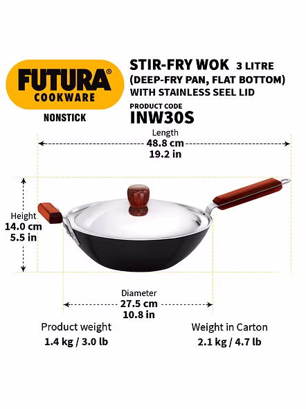 Hawkins Futura Non-Stick Stir-Fry Wok 3 Litre with Stainless Steel lid - IQ74-3