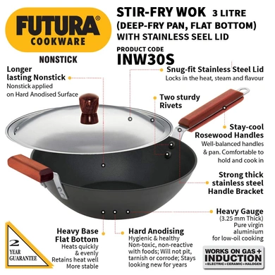 Hawkins Futura Non-Stick Stir-Fry Wok 3 Litre with Stainless Steel lid - IQ74-2