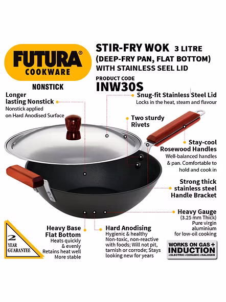 Hawkins Futura Non-Stick Stir-Fry Wok 3 Litre with Stainless Steel lid - IQ74-2