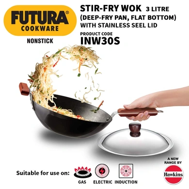 Hawkins Futura Non-Stick Stir-Fry Wok 3 Litre with Stainless Steel lid - IQ74-1