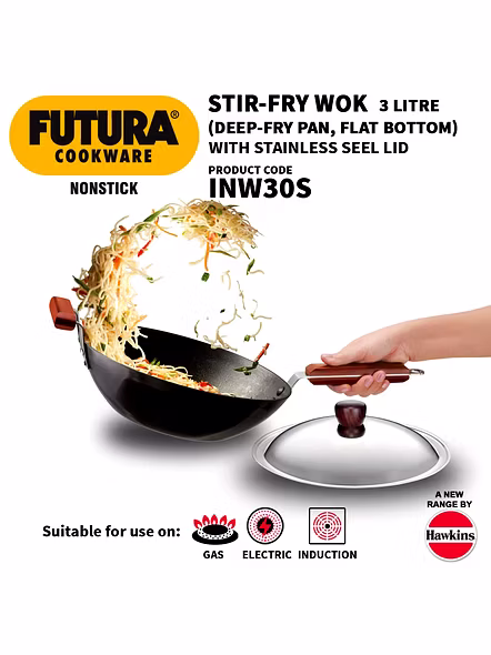 Hawkins Futura Non-Stick Stir-Fry Wok 3 Litre with Stainless Steel lid - IQ74