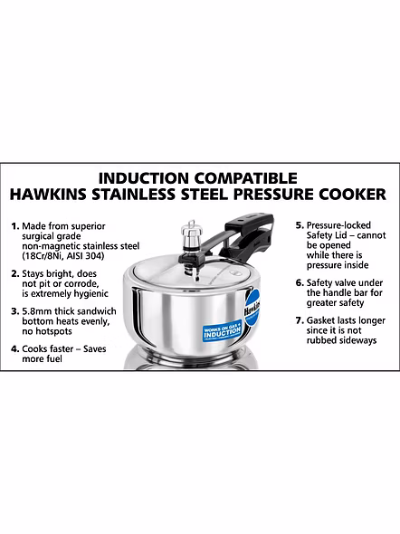 Hawkins Stainless Steel Induction Pressure cooker, 2 Litre(B25)-2ltr-5