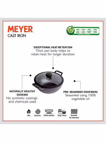 Meyer Pre Seasoned Cast Iron Deep Kadai, 20cm Black with Glass Lid(48187)-2