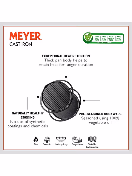 Meyer Cast Iron 2 in 1 Grill and Griddle Fry Pan (Black, 30cm)-3
