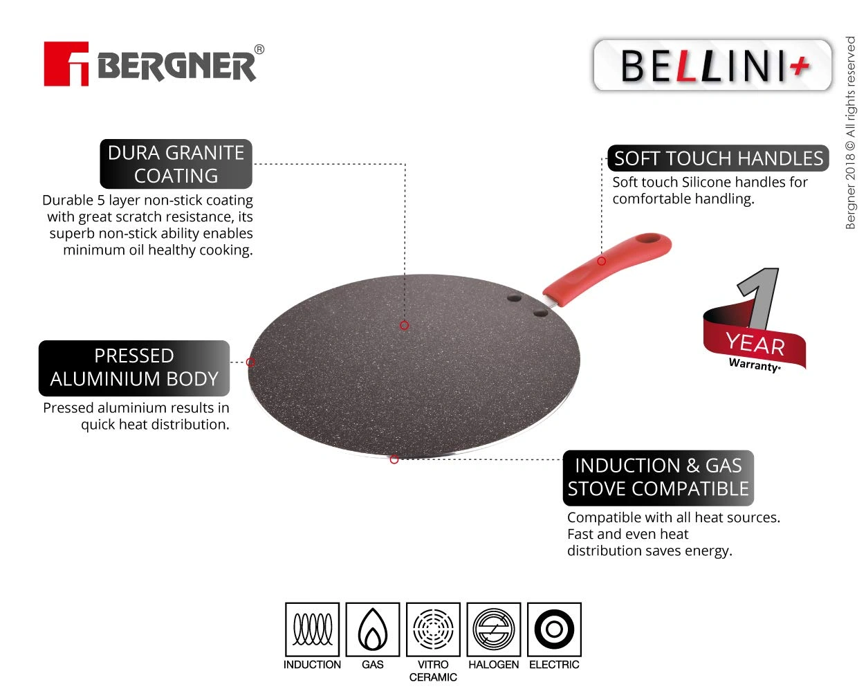 Bergner Bellini+ Pressed Aluminium Non-Stick Flat Tawa, 30 cm, Induction Base, Red-1