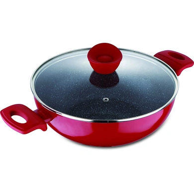 BERGNER Bellini+ Pressed Aluminium Non-Stick Kadhai with Glass Lid, 22 cm, 2.9 Liters, Induction Base, Red-65019