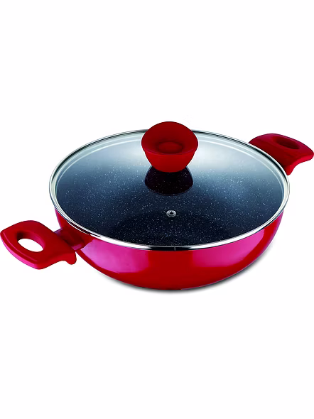 BERGNER Bellini+ Pressed Aluminium Non-Stick Kadhai with Glass Lid, 22 cm, 2.9 Liters, Induction Base, Red
