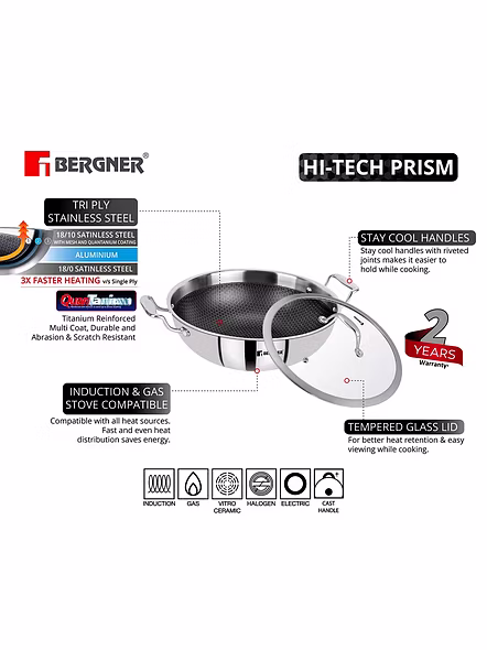 Bergner Hitech Prism Non-Stick Wok 24cm with Glass Lid -2