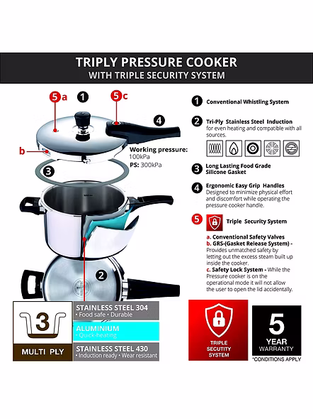 Bergner Argent Elements Tri-ply Stainless Steel Unpressure Cooker Pan With Outer Lid (3.5 Ltrs., Silver)-5