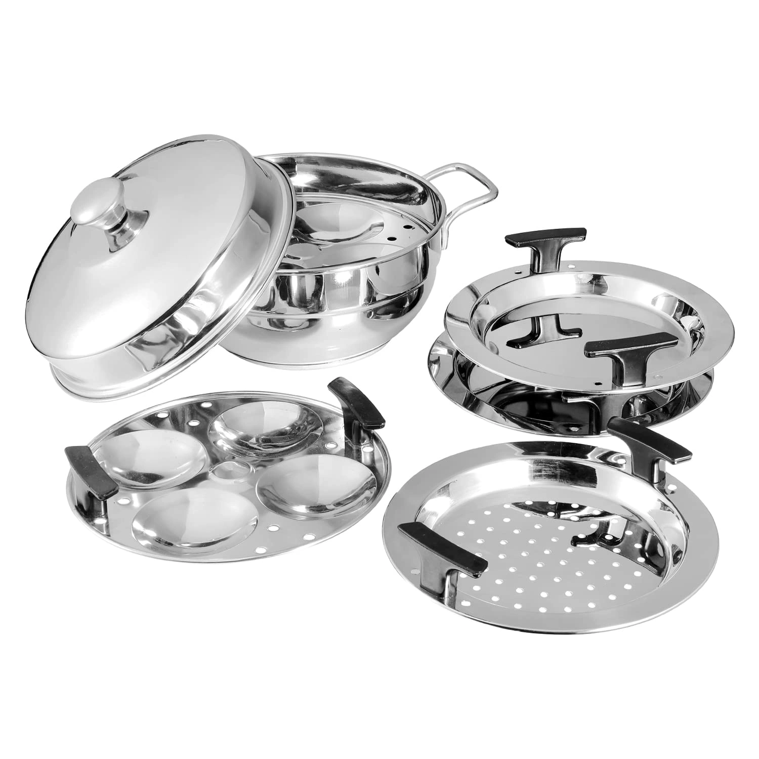 Vinod Gen - Z Multi Kadai 6 pcs Comes with Stainless Steel Lid, 2 Idli Plates, 2 Dhokla Plates and 1 Patra Plate - Silver (Induction and Gas Stove Friendly, Stainless Steel)-86732