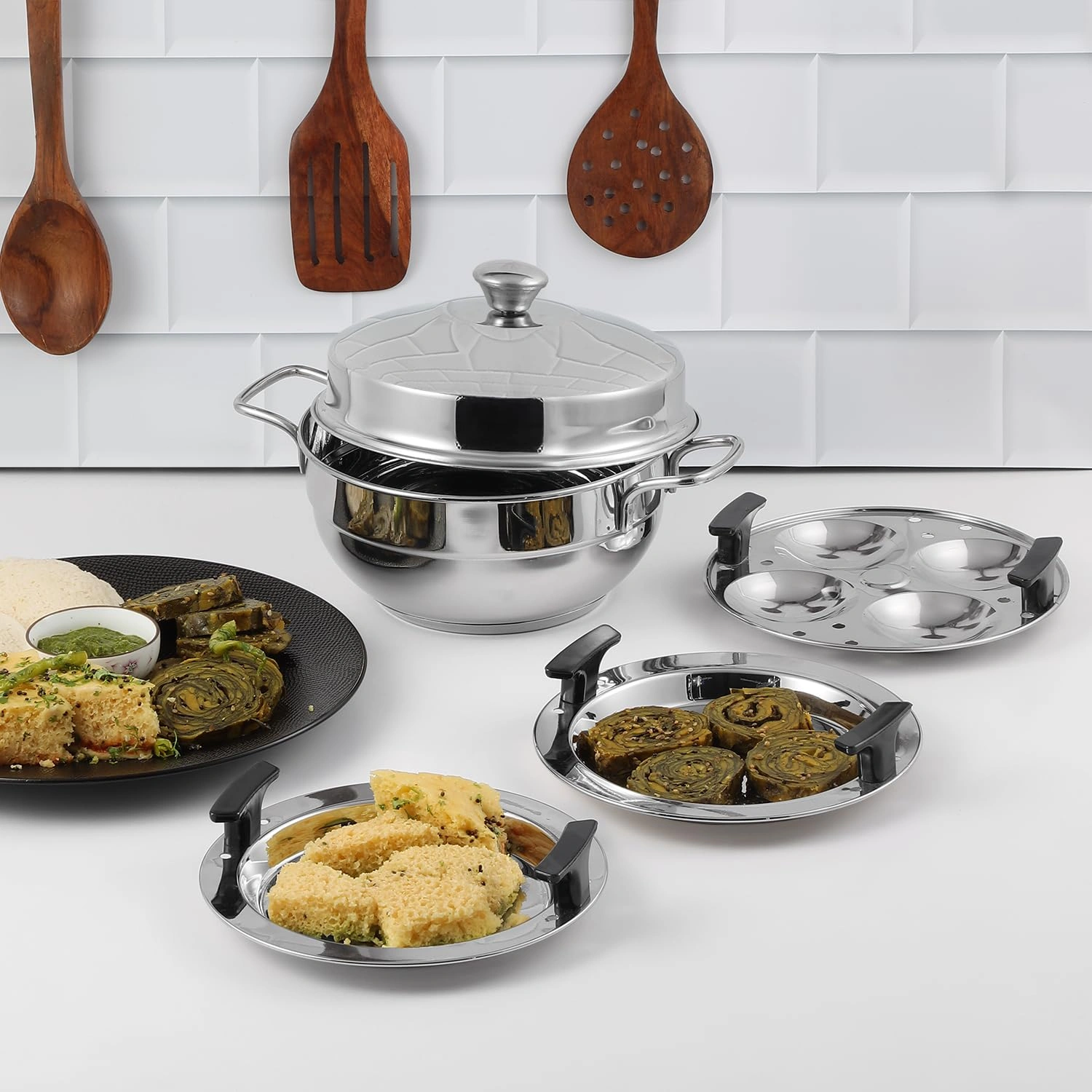 Vinod Gen - Z Multi Kadai 6 pcs Comes with Stainless Steel Lid, 2 Idli Plates, 2 Dhokla Plates and 1 Patra Plate - Silver (Induction and Gas Stove Friendly, Stainless Steel)-2