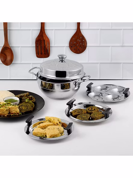 Vinod Gen - Z Multi Kadai 6 pcs Comes with Stainless Steel Lid, 2 Idli Plates, 2 Dhokla Plates and 1 Patra Plate - Silver (Induction and Gas Stove Friendly, Stainless Steel)-2