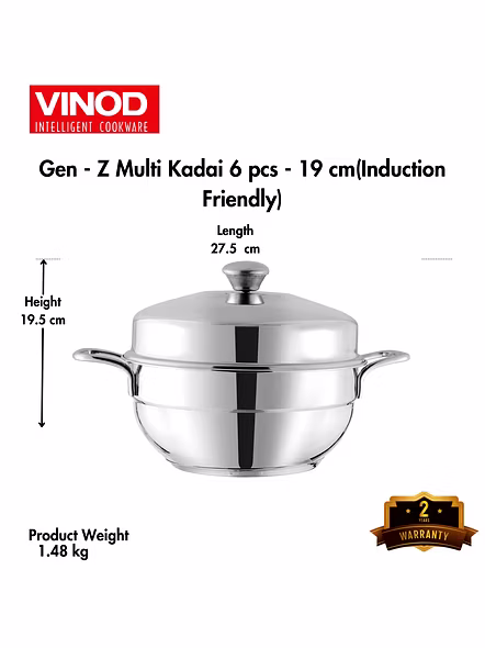 Vinod Gen - Z Multi Kadai 6 pcs Comes with Stainless Steel Lid, 2 Idli Plates, 2 Dhokla Plates and 1 Patra Plate - Silver (Induction and Gas Stove Friendly, Stainless Steel)-3