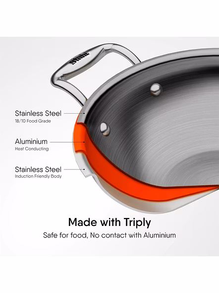 Stahl Triply Stainless Steel Artisan Kadhai with Lid - Premium Heat-Resistant Cookware-20cm/1.6ltr-2
