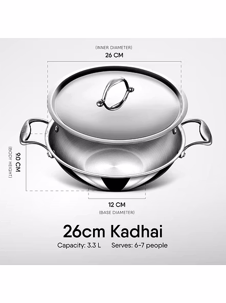 Stahl Triply Stainless Steel Artisan Kadhai with Lid - Premium Heat-Resistant Cookware-20cm/1.6ltr