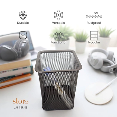 Tall Rectangular Mesh Desk Organizer Pen Holder-GRAY-3