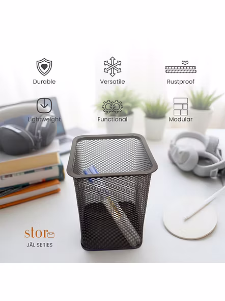 Tall Rectangular Mesh Desk Organizer Pen Holder-GRAY-3