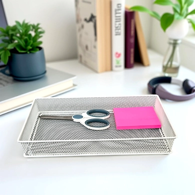 Large Rectangular Mesh Desk Organizer Tray - Metal Storage Basket-WHITE-1