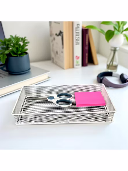 Large Rectangular Mesh Desk Organizer Tray - Metal Storage Basket-WHITE-1
