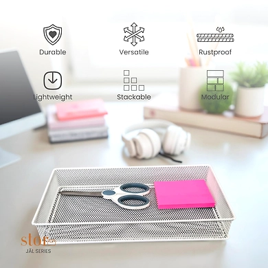Large Rectangular Mesh Desk Organizer Tray - Metal Storage Basket-WHITE-3