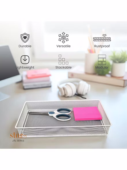Large Rectangular Mesh Desk Organizer Tray - Metal Storage Basket-WHITE-3