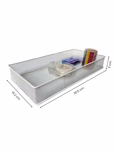 Large Rectangular Mesh Desk Organizer Tray - Metal Storage Basket-WHITE-2