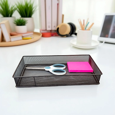 Large Rectangular Mesh Desk Organizer Tray - Metal Storage Basket-GRAY-1