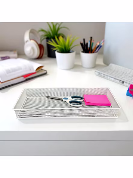 Extra-Large Mesh Desk Organizer Tray - Slim Metal Storage Basket-WHITE