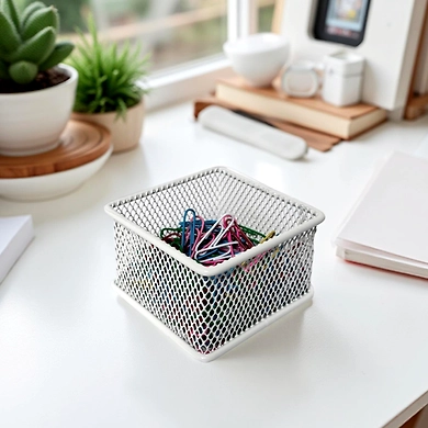 Mini Mesh Desk Organizer Bin - Metal Storage Basket-WHITE-1