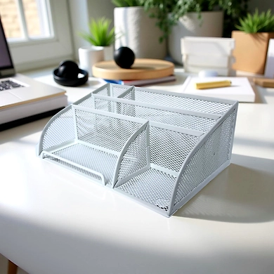 Mesh Desk Organizer with Multiple Compartments-WHITE-1