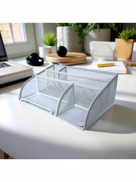 Mesh Desk Organizer with Multiple Compartments-WHITE-1