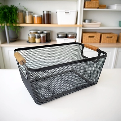 Metal Mesh Storage Basket with Wooden Handles-111359