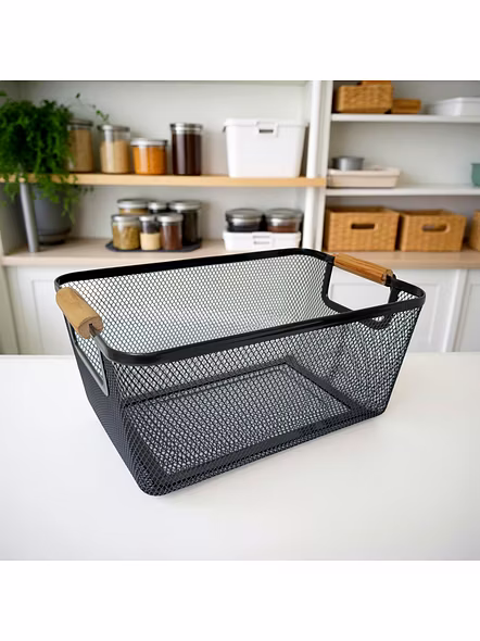 Metal Mesh Storage Basket with Wooden Handles