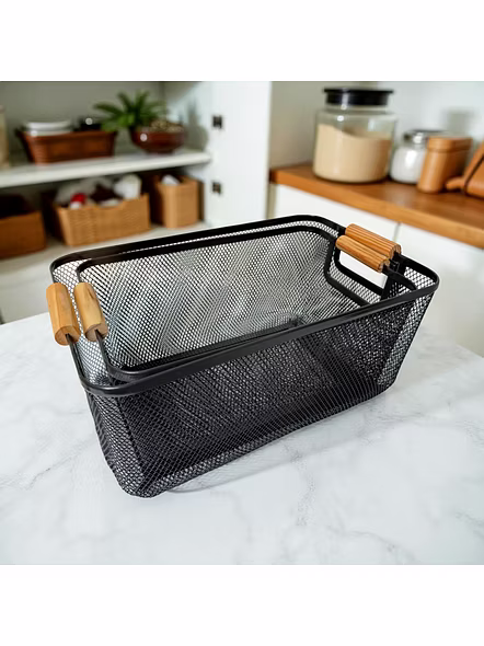 Metal Mesh Storage Basket with Wooden Handles-GRAY-3