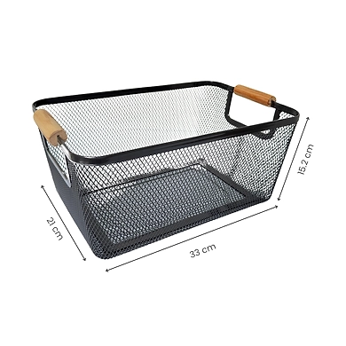 Metal Mesh Storage Basket with Wooden Handles-GRAY-2