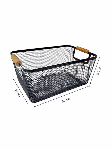 Metal Mesh Storage Basket with Wooden Handles-GRAY-2