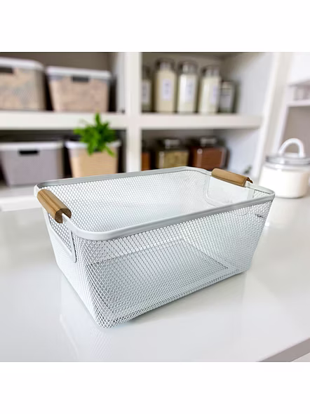 Metal Mesh Storage Basket with Wooden Handles-111360