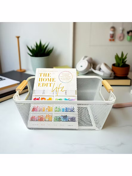 Metal Mesh Storage Basket with Wooden Handles-WHITE-1
