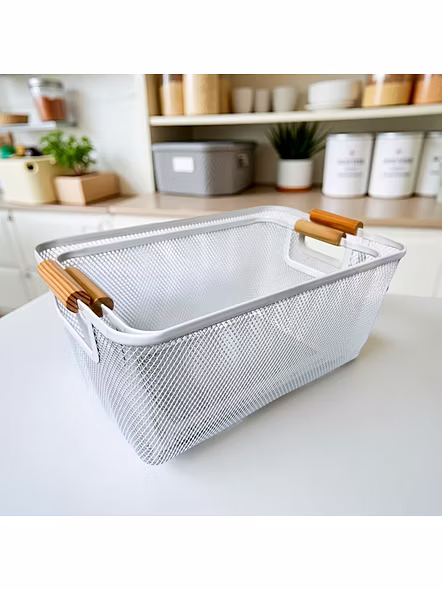 Metal Mesh Storage Basket with Wooden Handles-WHITE-3