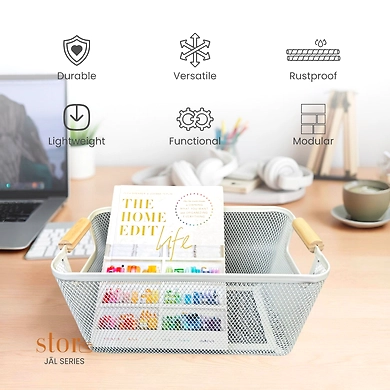 Metal Mesh Storage Basket with Wooden Handles-WHITE-4