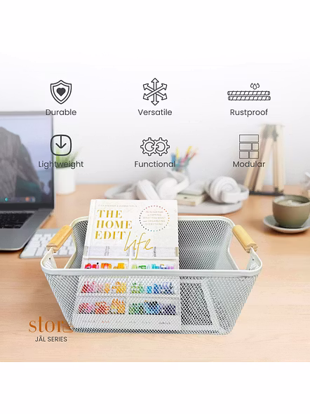 Metal Mesh Storage Basket with Wooden Handles-WHITE-4