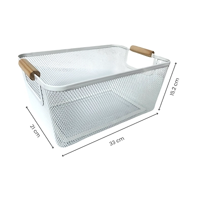 Metal Mesh Storage Basket with Wooden Handles-WHITE-2