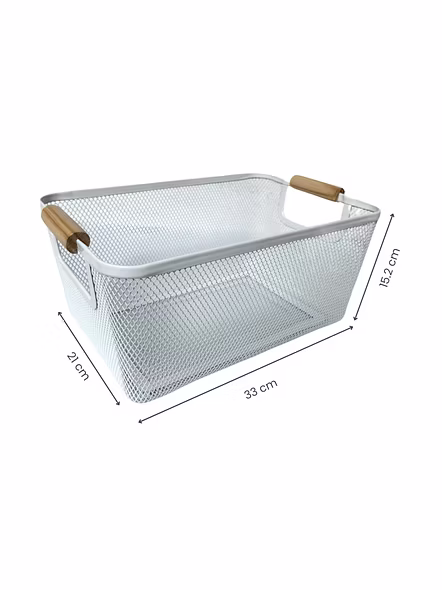 Metal Mesh Storage Basket with Wooden Handles-WHITE-2