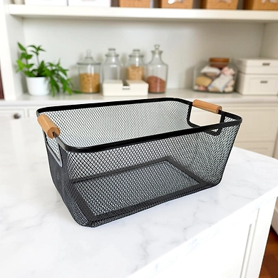 Rectangular Metal Mesh Storage Basket with Wooden Handles-111361