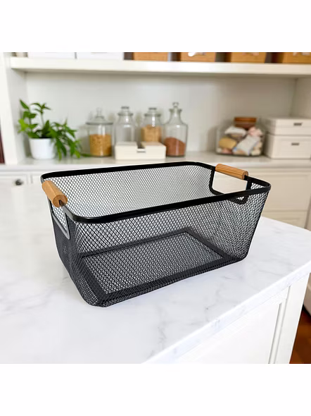 Rectangular Metal Mesh Storage Basket with Wooden Handles