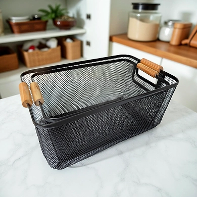 Rectangular Metal Mesh Storage Basket with Wooden Handles-GRAY-3