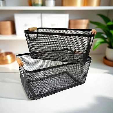 Rectangular Metal Mesh Storage Basket with Wooden Handles-GRAY-1