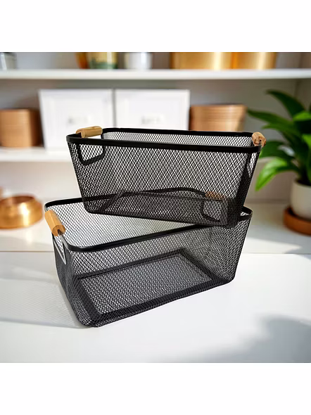 Rectangular Metal Mesh Storage Basket with Wooden Handles-GRAY